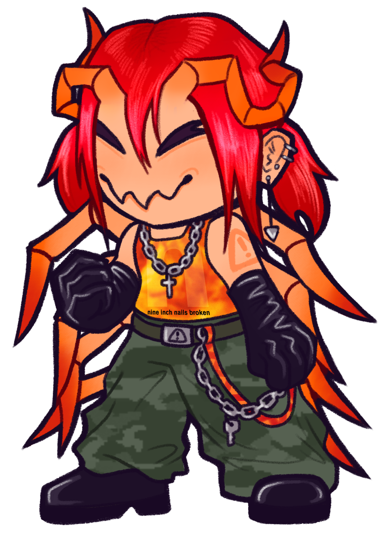 a chibi style drawing of virus, a light skinned humanoid with 4 centipede-like legs sticking out from her back, and two curled up antenae on their forehead. she has a tattoo of a warning symbol on her shoulder. their red hair is tied up in pigtails, and they are wearing loose camo pattern pants with chains, black boots, bicep-length latex gloves, a nine inch nails tank top, and multiple piercings in her ear. her eyes are closed, and their mandibles are curved up in a friendly smile.